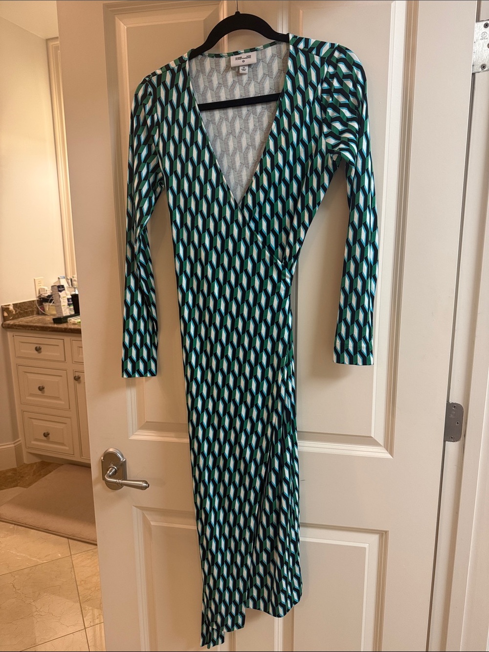 Diane Von Furstenberg Teal and White Long Sleeve Wrap Midi Dress
